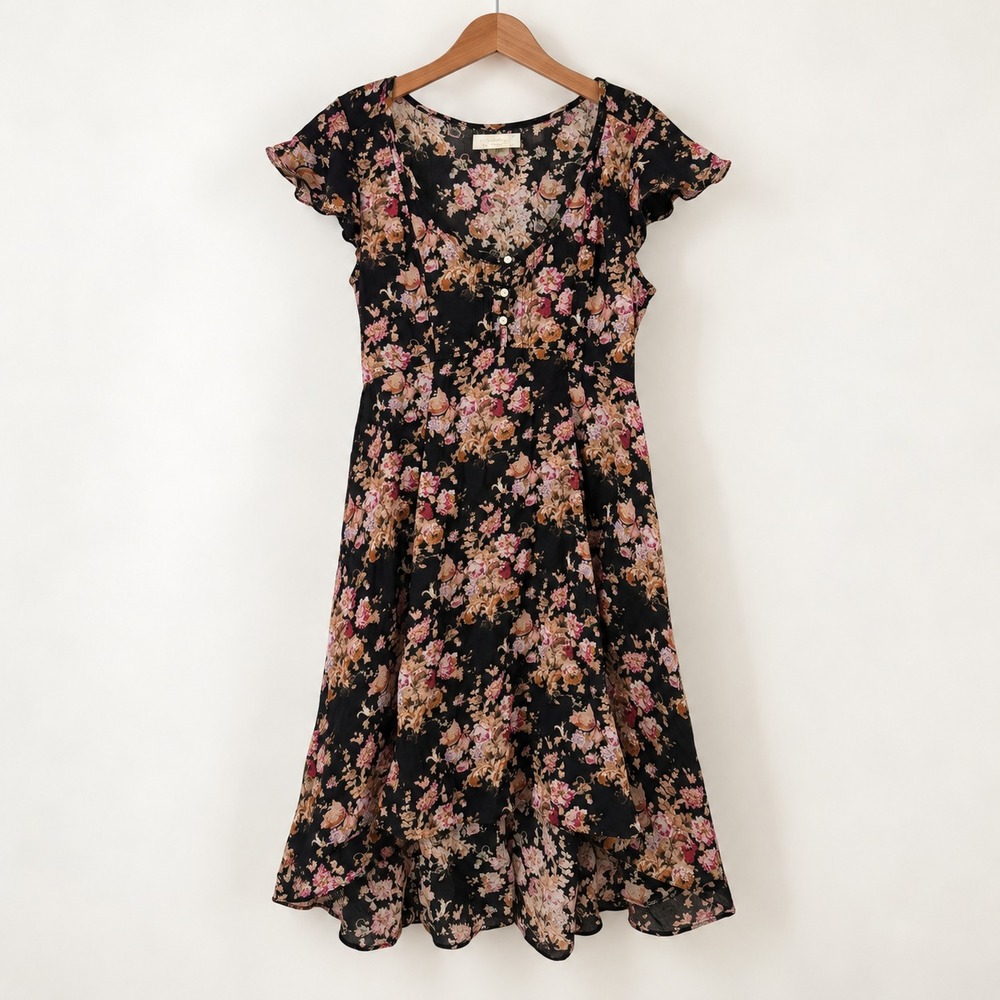 Denim & Supply Ralph Lauren Floral Dress Women 6 Black Pink Ruffle High Low Mini